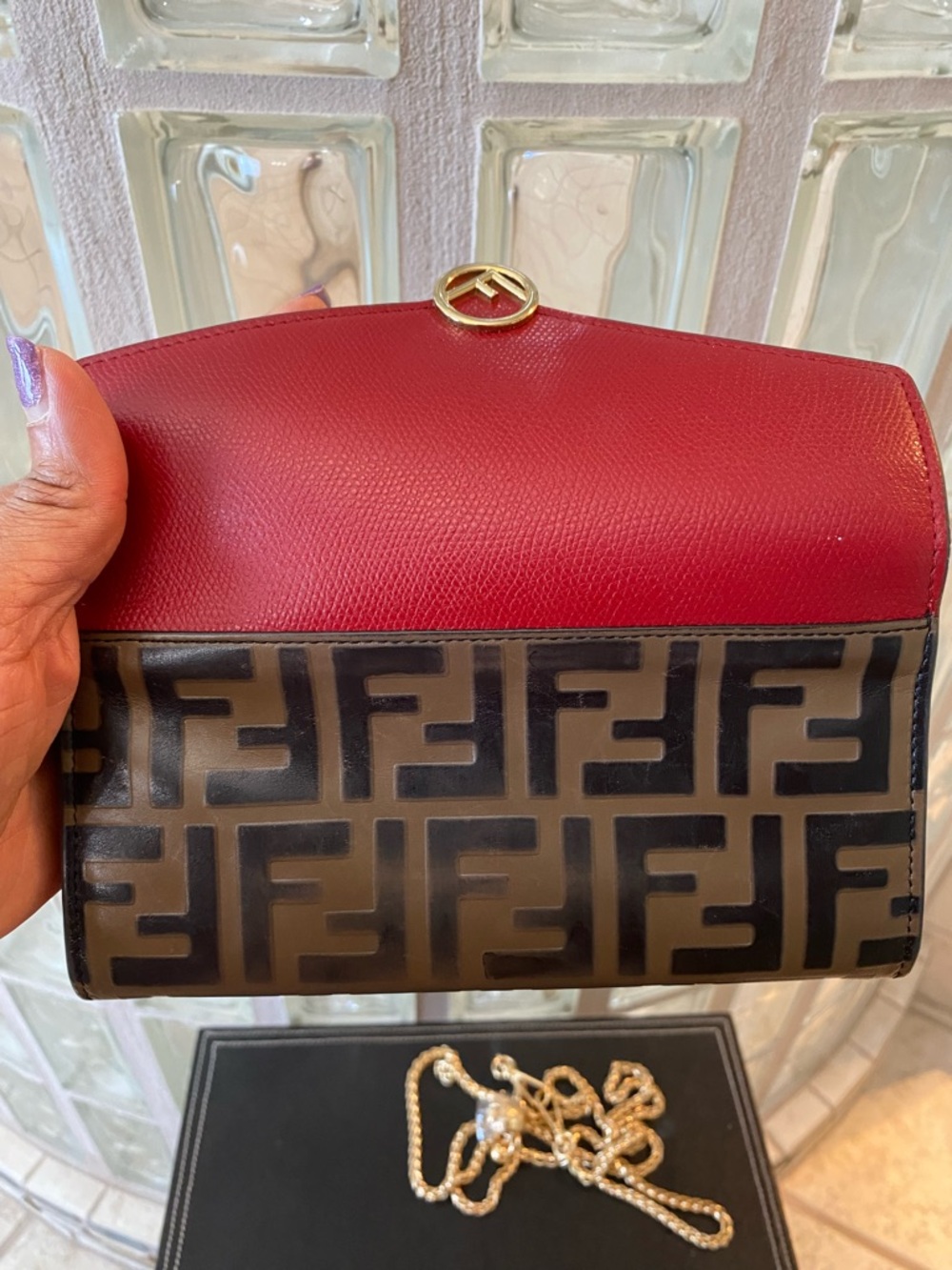 Fendi Red & Brown FF Logo Continental Envelope Zucca Monogram Wallet w/ Chain - Picture 9 of 14